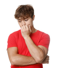 Teenage boy suffering from panic attack on white background