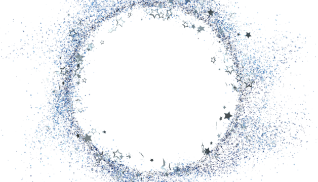 Sparkling silver glitter stars forming a circular frame on white background. Perfect for holiday, celebration, or festive designs.