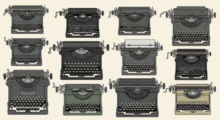 Collection of twelve vintage typewriters in various colors arranged in a rectangular grid pattern display