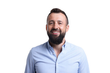 Obraz premium Handsome man laughing on white background. Positive emotion