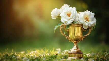 Elegant Golden Trophy with White Roses on Green Grass Background