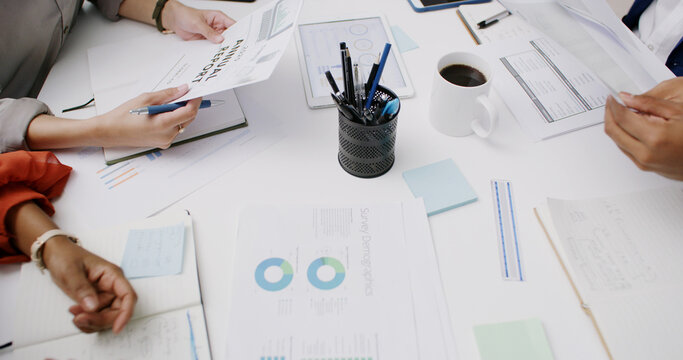 Documents, analytics or hands of business people for charts, teamwork or investment growth. Graphs data, meeting or financial analyst with paper for economic performance, research or audit review - Powered by Adobe