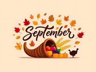 Autumn september harvest cornucopia with colorful falling leaves wheat and seasonal fruits in vintage style background perfect for fall celebrations thanksgiving and seasonal greeting designs