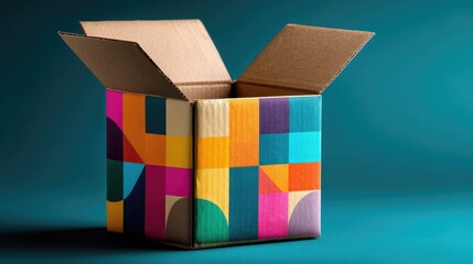 An open cardboard box, vibrantly decorated with geometric patterns