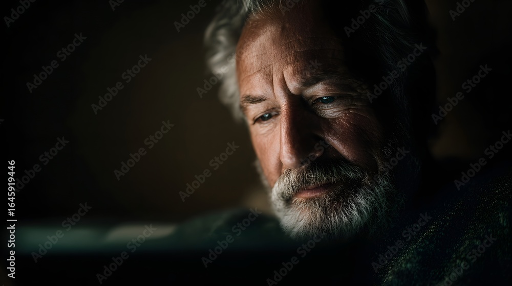 Poster senior man intently learning from tablet with warm lighting and sharp focus