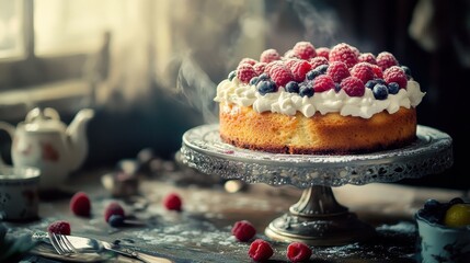 Freshly Baked Cake with Berries and Cream on Decorative Stand