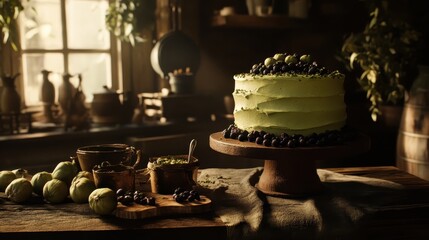 Elegant Green Cake with Berries in Rustic Kitchen Atmosphere