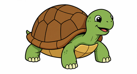 Obraz premium Cartoon illustration of a smiling, green turtle with a brown shell, standing on a white background.