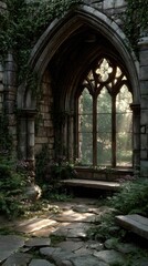 Fototapeta premium Rustic archway, sunlit garden. Stone walls, overgrown foliage, and an ancient window frame a peaceful interior garden scene