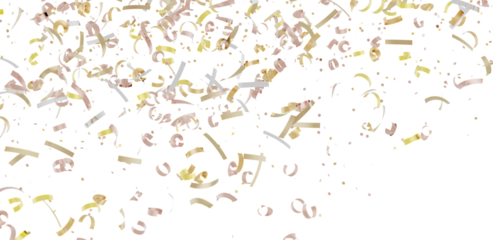 Beautiful image of pink, gold, and silver confetti falling on a white background. Perfect for celebrations, parties, and festive designs.