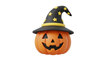 halloween pumpkin wear wizard hat isolated on white
