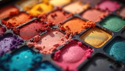 Close-up of vibrant makeup palette featuring array of colorful eyeshadows, blushes. Cosmetic product displays rich texture, diverse hues perfect for creative makeup artistry, beauty tutorials,