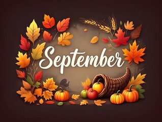 Fall september seasonal harvest composition with cornucopia apples pumpkin grapes wheat and autumn leaves for thanksgiving greeting cards invitations and seasonal celebration backgrounds