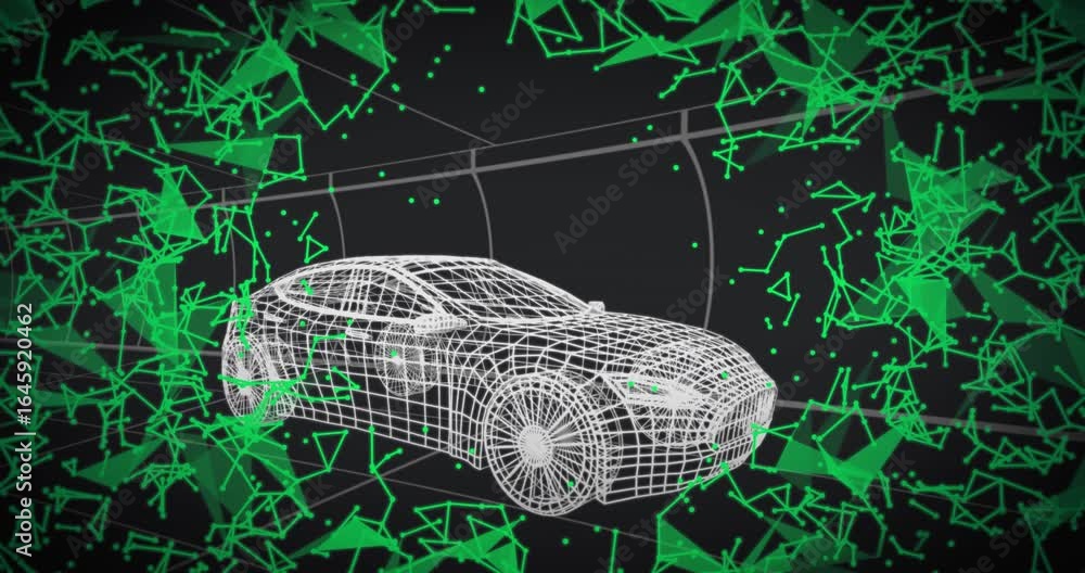Poster green particles emerging from tunnel edges drifting around 3d sedan model, dissipating to form loop