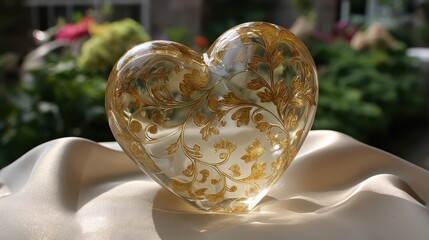 Elegant Heart-Shaped Glass Art with Intricate Gold Floral Design