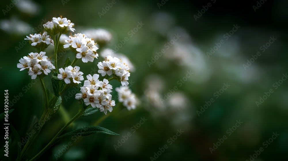 Poster delicate white wildflowers in close up with sharp focus and soft background