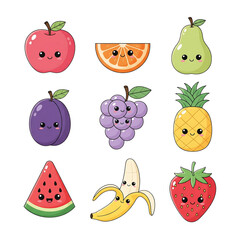 A cute collection of kawaii fruit characters. Set includes smiling apple, orange, pear, plum, grapes, pineapple, watermelon, banana, and strawberry.