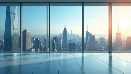 Expansive city skyline viewed through large office windows. Modern skyscrapers pierce bright daylight sky, offering panoramic urban perspective. Sunlight glints off glass structures in clean,