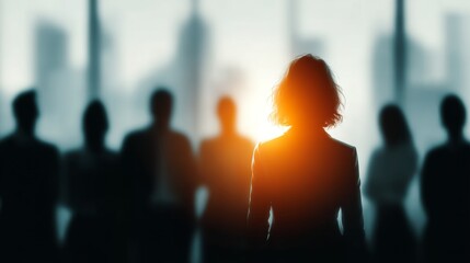 A woman leader stands confidently in front of her team in a modern office, illuminated by bright light