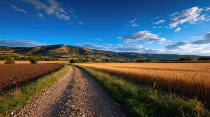 Rural Road through Wheat Fields and Hills