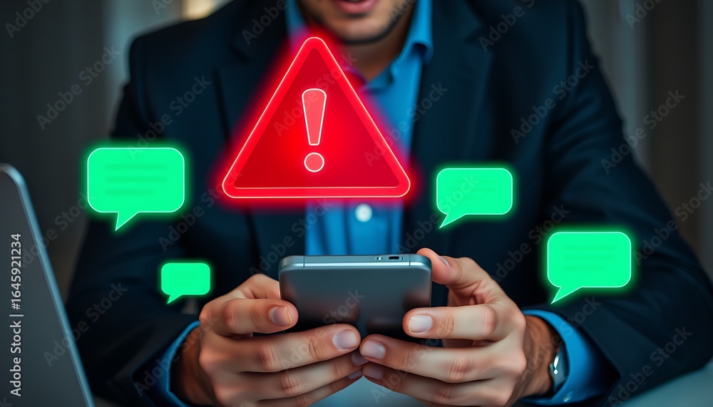 Wall mural man holding phone with warning and message icons image