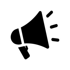 A simple black and white megaphone icon to amplify sound for announcements and communication purposes
