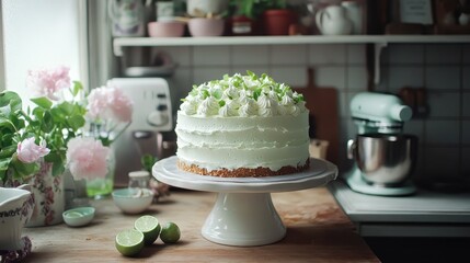 Elegant Homemade Cake with Lime and Whipped Cream Decoration