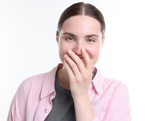 Beautiful woman laughing on white background. Positive emotion