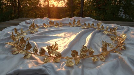 Golden Laurel Wreath on Silk Fabric with Sunset Background