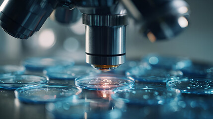 Closeup of a Microscope Lens Over Illuminated Glass Slides