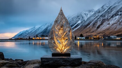 Elegant illuminated sculpture beside serene water and snowy mountains
