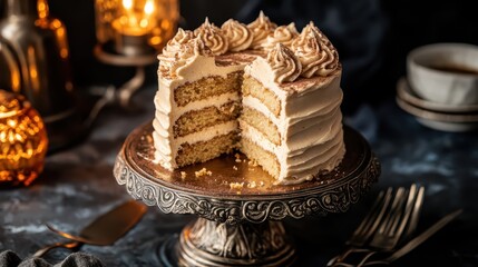 Elegant Layer Cake with Cream Frosting and Vintage Setting