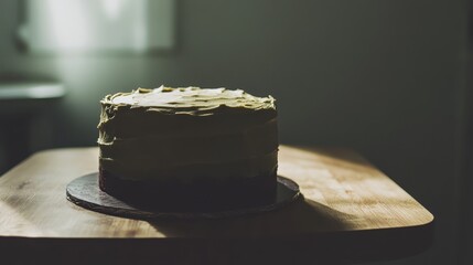 Elegant Layered Cake with Cream Frosting on Wooden Table