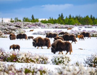 Fototapeta premium Herd of musk oxen grazing on snow-covered landscape surrounded by blooming flowers and greenery, showcasing the beauty of wildlife in a serene natural environment