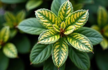 Macro shot of Rhododendron leaves detailed pattern of green, yellow variegation. Plant exhibits non-infectious chlorosis, resulting in intricate yellow markings on leaf veins. Soft focus background