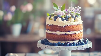 Elegant Layered Cake with Fresh Berries and Floral Decoration