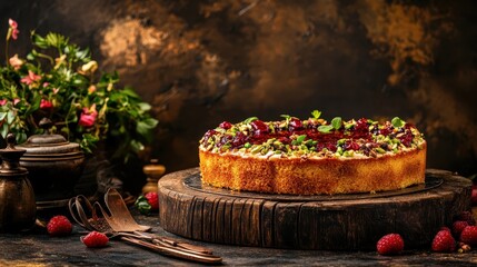 Elegant Layered Cake with Fresh Berries and Decorative Garnishes