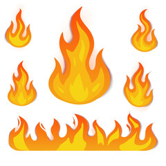 Fire flame vector set. Different shapes of burning icons for safety, campfire, energy, heating, power, and decorative design isolated on white.