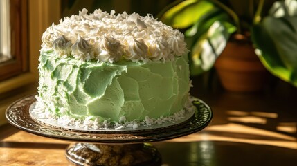 Elegant Layered Cake with Green Frosting and Whipped Topping