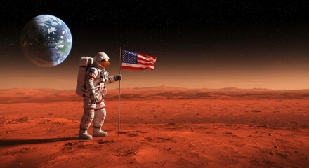 Naklejka premium Celestial Pioneer: An astronaut plants the nation's flag on a red, dusty planet, representing the spirit of discovery and space exploration.