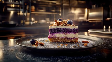 Elegant Layers of Dessert with Cream and Berries on Dark Plate