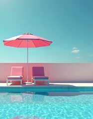Obraz premium Pink beach umbrella and chairs beside swimming pool. Bright summer vacation scene. Crystal clear turquoise water under blue sky. Relaxing poolside resort with sunny weather.
