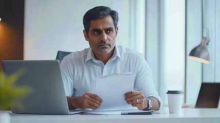 serious businessman reviewing important documents, sits at his desk. Male focused on his work in modern office setting.