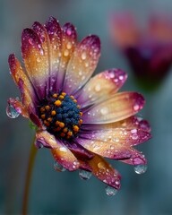 Macro shot of a colorful flower with water droplets clinging to its petals, highlighting the delicate texture and vibrant hues of nature