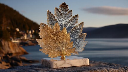 Elegant Leaf Sculpture on Rocky Surface with Scenic Background View