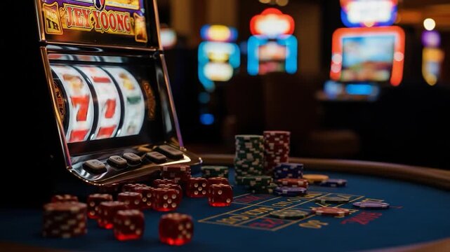 Slot machine jackpot with dice and poker chips highlighting gaming and entertainment theme