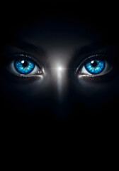 Enigmatic Gaze Intense Blue Eyes Piercing Through Darkness with a Central Radiant Glow, Symbolizing Deep Insight and Futuristic Vision