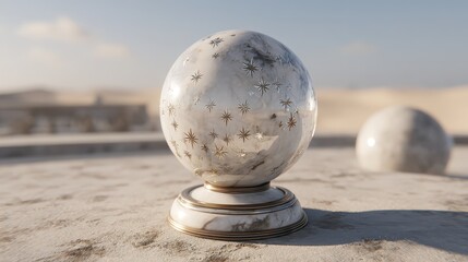 Elegant Marble Globe with Stars on Base in Desert Landscape