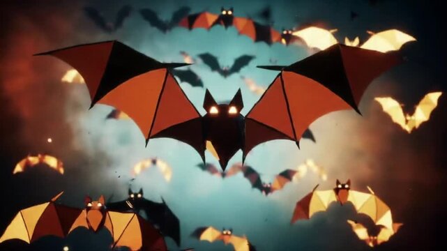 Spooky halloween bats flying in the night sky with glowing eyes and dark shadows