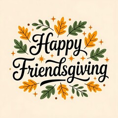 Friendsgiving holiday typography with elegant hand lettering, colorful autumn leaves, and festive decorative stars for seasonal greeting card, thanksgiving celebration, or fall harvest party design